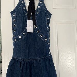 Dark Denim Eyelet Halter Dress with Tie